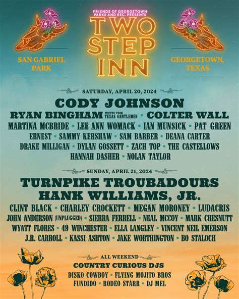 Two step inn festival - In 31 days. Two Step Inn - Cody Johnson, Turnpike Troubadours and many more - 2 Day Pass (April 20-21, 2024) San Gabriel Park. Georgetown, TX, USA. Venue capacity: 130. Selling fast. See Tickets. Apr 20. Sat.